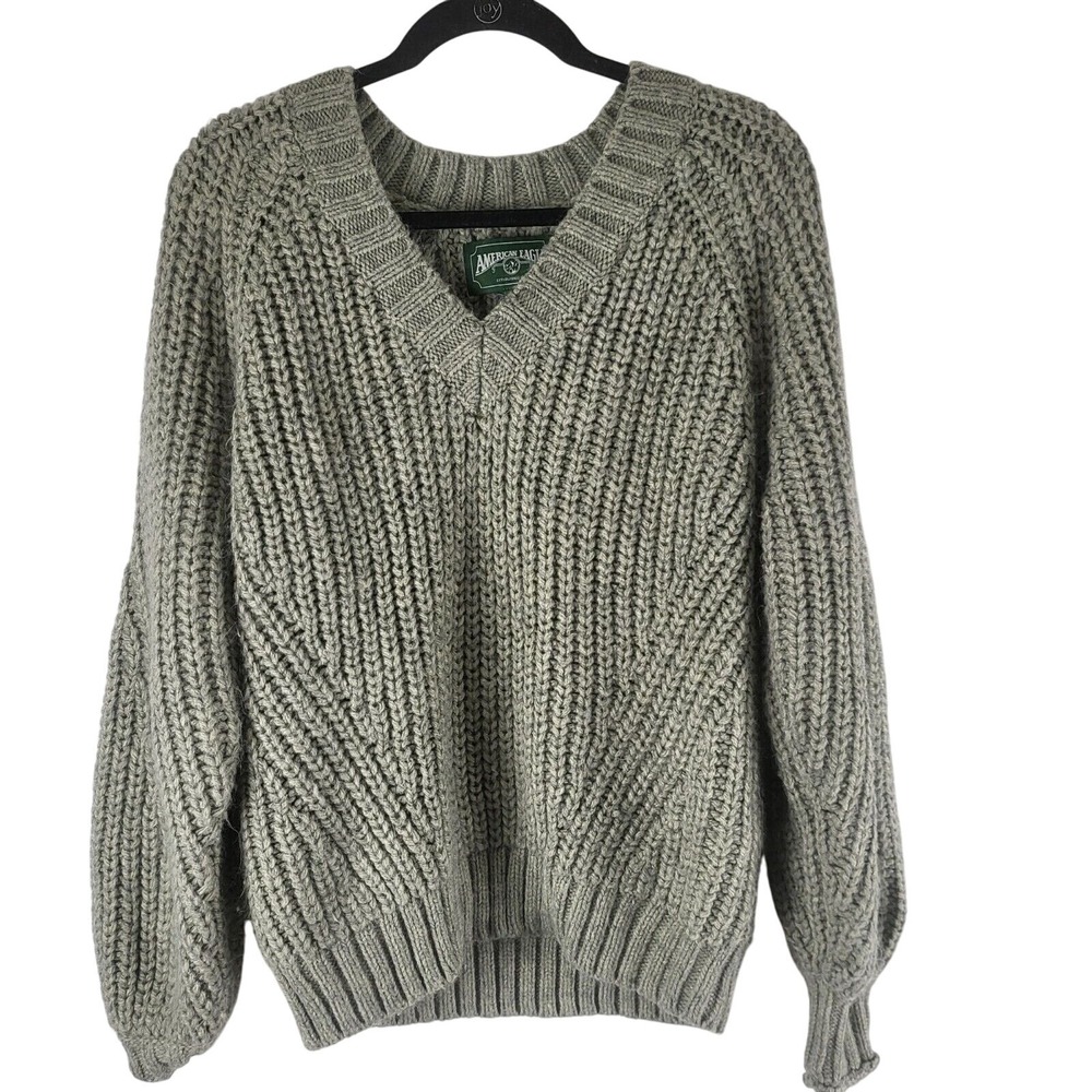 Vintage American Eagle Y2k Chunky Knit Sweater M Womens V Neck Long Sleeve Grey